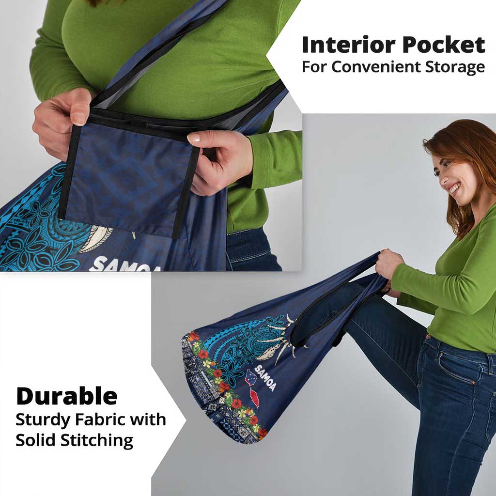 Samoa Siapo Polynesian Art Grocery Bag Tropical Flowers and Tatau Pattern Navy