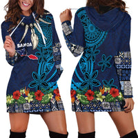Samoa Siapo Polynesian Art Hoodie Dress Tropical Flowers and Tatau Pattern Navy