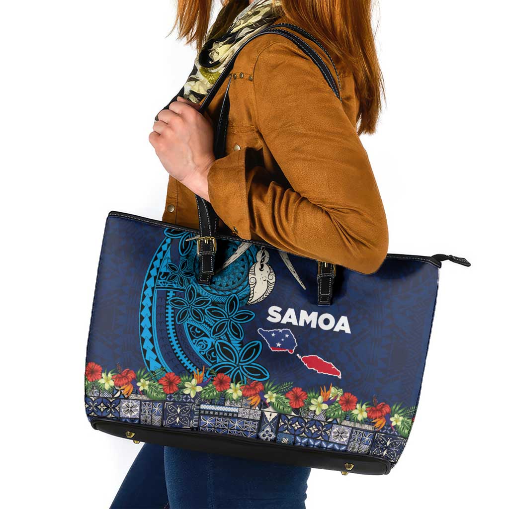 Samoa Siapo Polynesian Art Leather Tote Bag Tropical Flowers and Tatau Pattern Navy