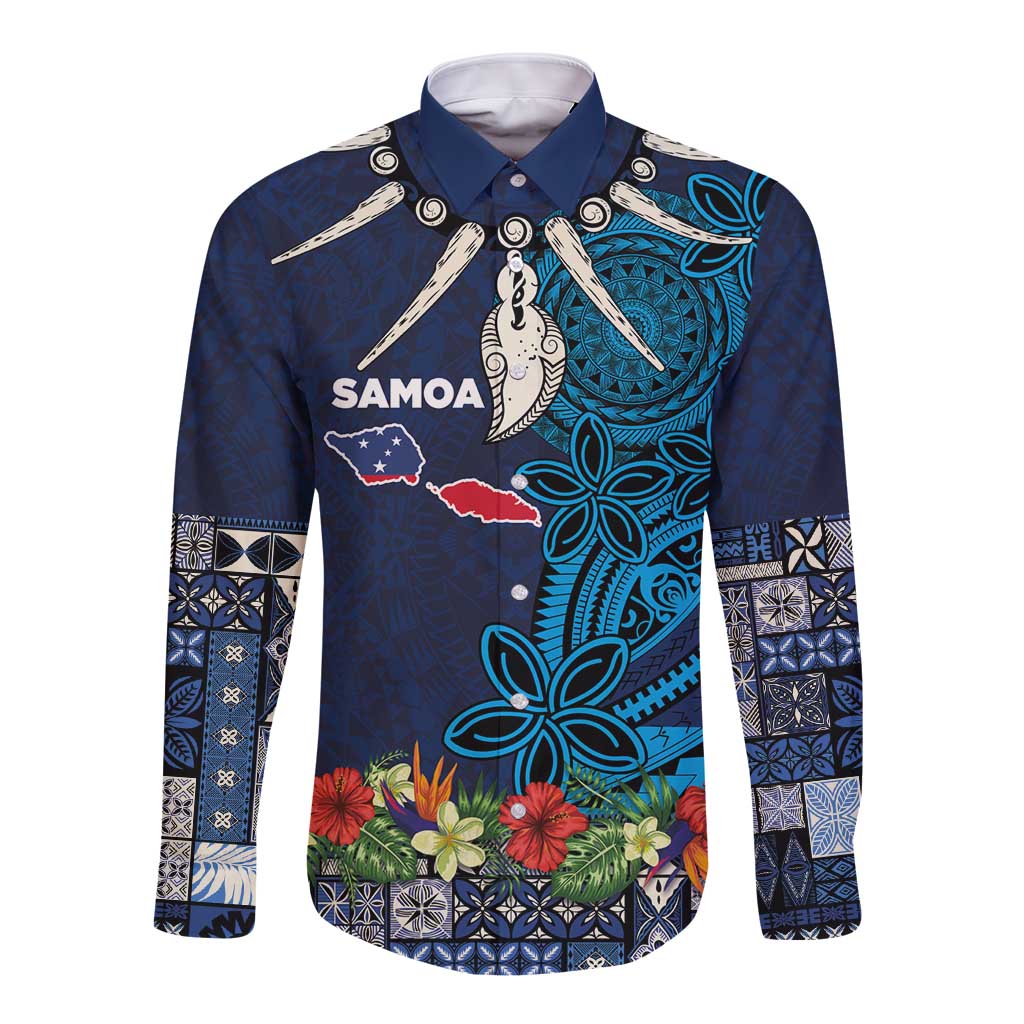 Samoa Siapo Polynesian Art Long Sleeve Button Shirt Tropical Flowers and Tatau Pattern Navy