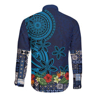 Samoa Siapo Polynesian Art Long Sleeve Button Shirt Tropical Flowers and Tatau Pattern Navy