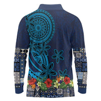 Samoa Siapo Polynesian Art Long Sleeve Polo Shirt Tropical Flowers and Tatau Pattern Navy