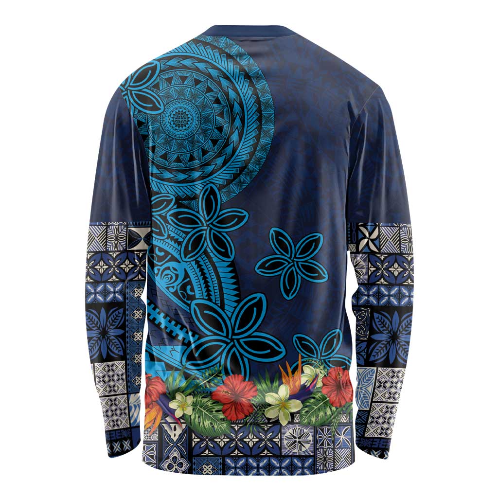 Samoa Siapo Polynesian Art Long Sleeve Shirt Tropical Flowers and Tatau Pattern Navy