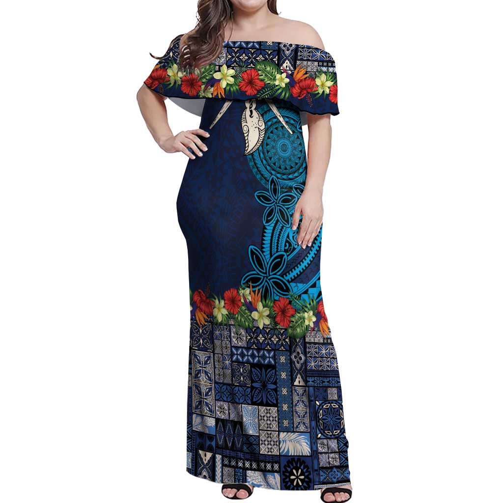 Samoa Siapo Polynesian Art Off Shoulder Maxi Dress Tropical Flowers and Tatau Pattern Navy