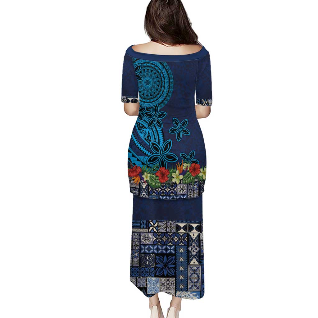 Samoa Siapo Polynesian Art Puletasi Tropical Flowers and Tatau Pattern Navy