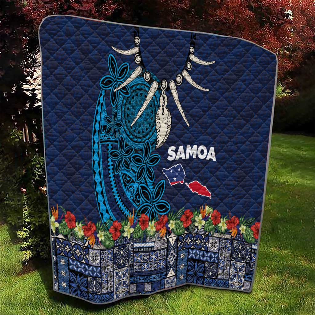 Samoa Siapo Polynesian Art Quilt Tropical Flowers and Tatau Pattern Navy