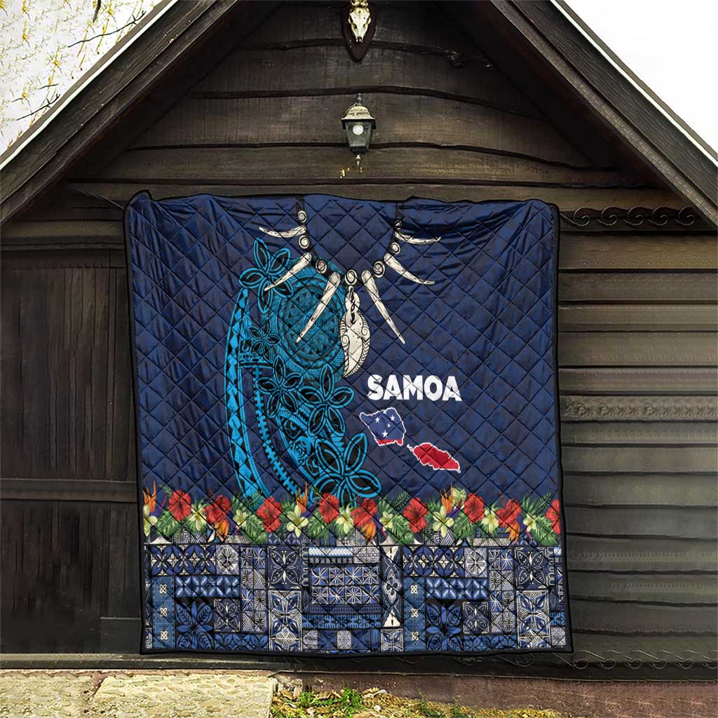Samoa Siapo Polynesian Art Quilt Tropical Flowers and Tatau Pattern Navy