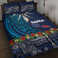 Samoa Siapo Polynesian Art Quilt Bed Set Tropical Flowers and Tatau Pattern Navy