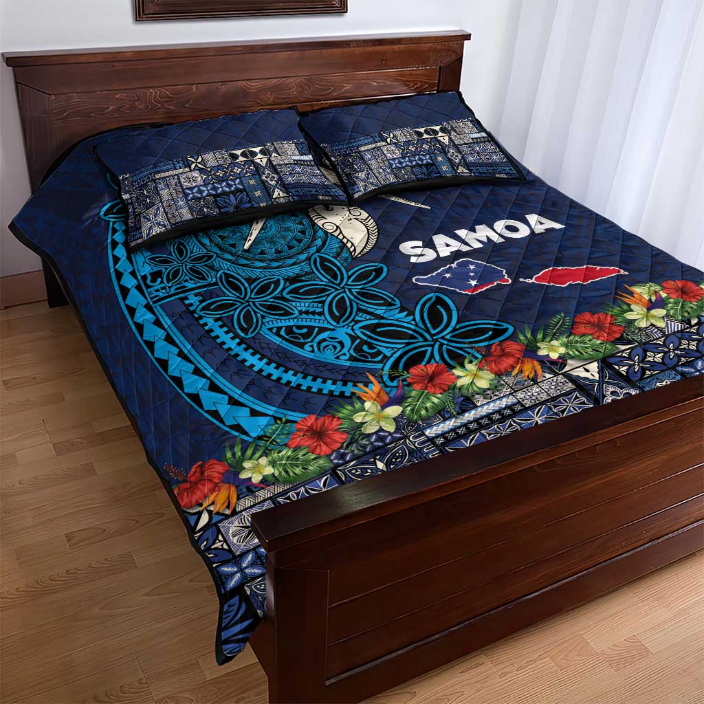 Samoa Siapo Polynesian Art Quilt Bed Set Tropical Flowers and Tatau Pattern Navy
