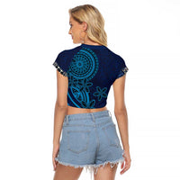 Samoa Siapo Polynesian Art Raglan Cropped T Shirt Tropical Flowers and Tatau Pattern Navy