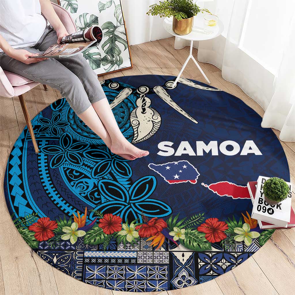 Samoa Siapo Polynesian Art Round Carpet Tropical Flowers and Tatau Pattern Navy