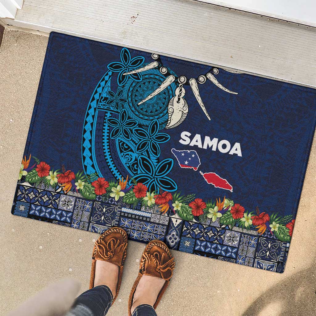 Samoa Siapo Polynesian Art Rubber Doormat Tropical Flowers and Tatau Pattern Navy