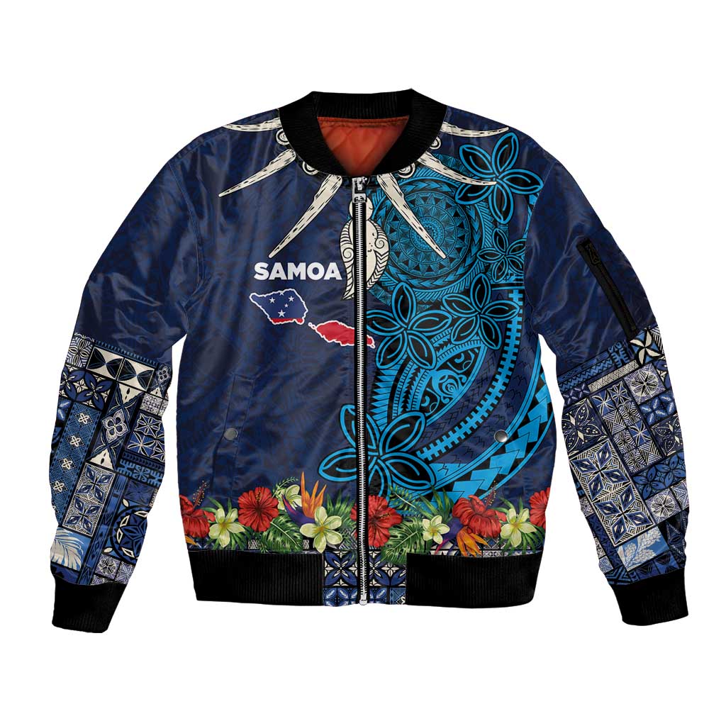 Samoa Siapo Polynesian Art Sleeve Zip Bomber Jacket Tropical Flowers and Tatau Pattern Navy