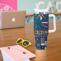 Samoa Siapo Polynesian Art Tumbler With Handle Tropical Flowers and Tatau Pattern Navy