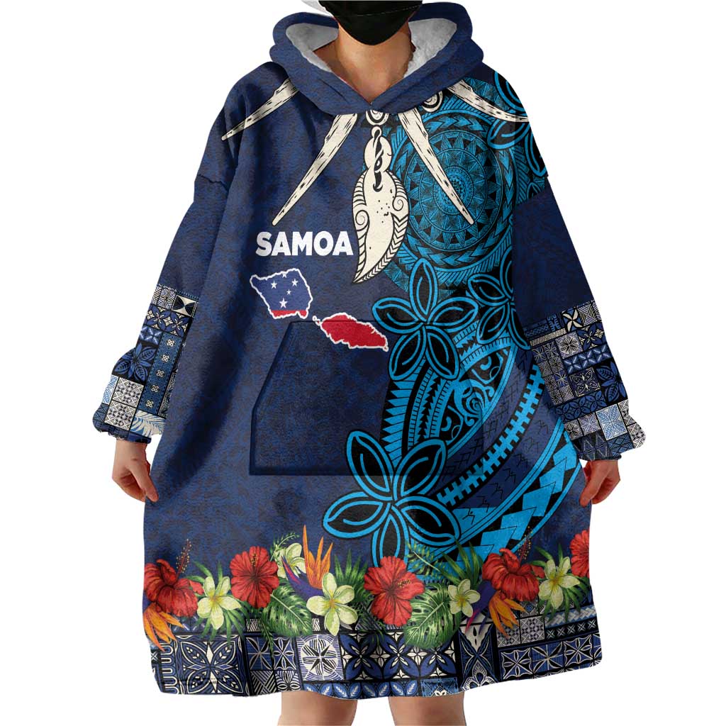 Samoa Siapo Polynesian Art Wearable Blanket Hoodie Tropical Flowers and Tatau Pattern Navy