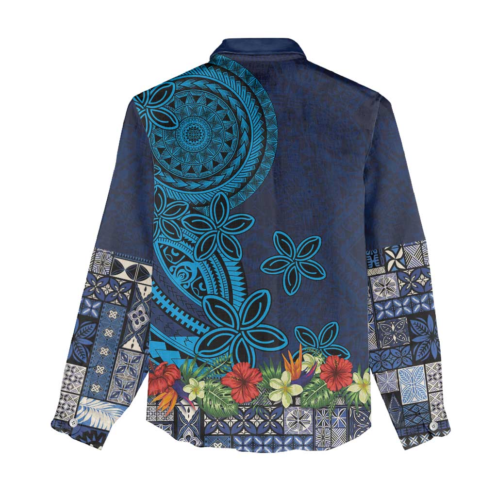 Samoa Siapo Polynesian Art Women Casual Shirt Tropical Flowers and Tatau Pattern Navy