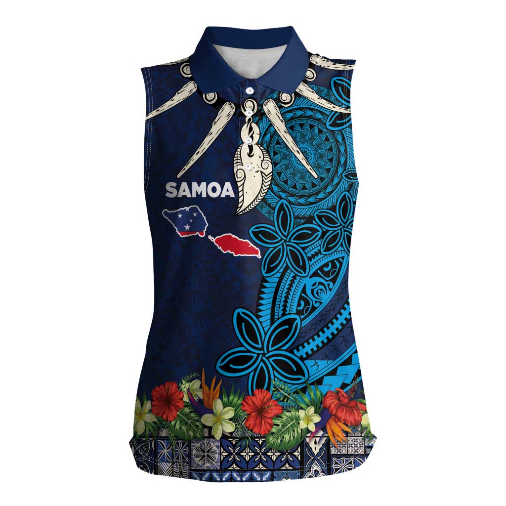 Samoa Siapo Polynesian Art Women Sleeveless Polo Shirt Tropical Flowers and Tatau Pattern Navy
