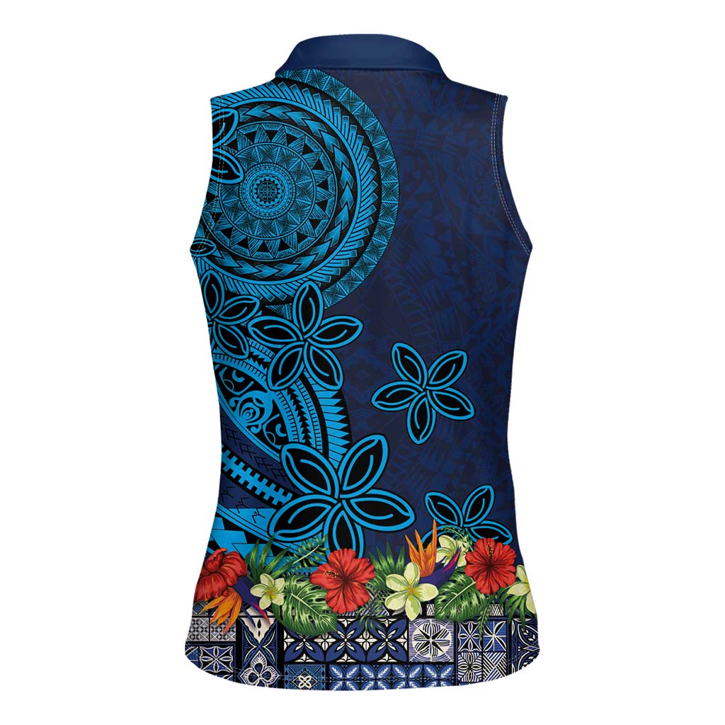 Samoa Siapo Polynesian Art Women Sleeveless Polo Shirt Tropical Flowers and Tatau Pattern Navy