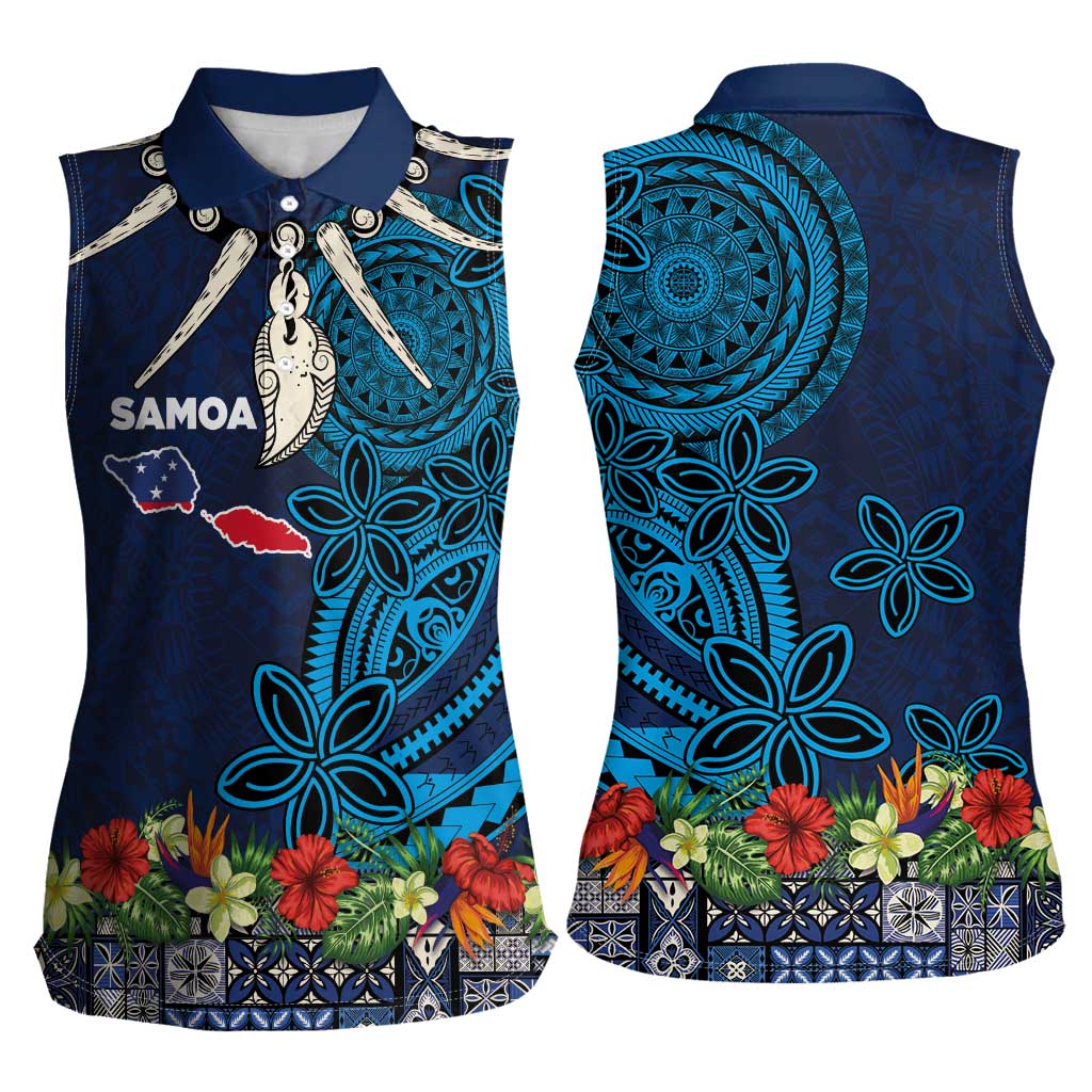 Samoa Siapo Polynesian Art Women Sleeveless Polo Shirt Tropical Flowers and Tatau Pattern Navy