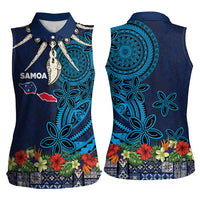 Samoa Siapo Polynesian Art Women Sleeveless Polo Shirt Tropical Flowers and Tatau Pattern Navy