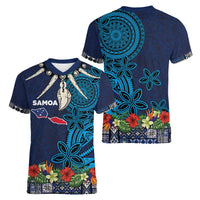 Samoa Siapo Polynesian Art Women V-Neck T-Shirt Tropical Flowers and Tatau Pattern Navy