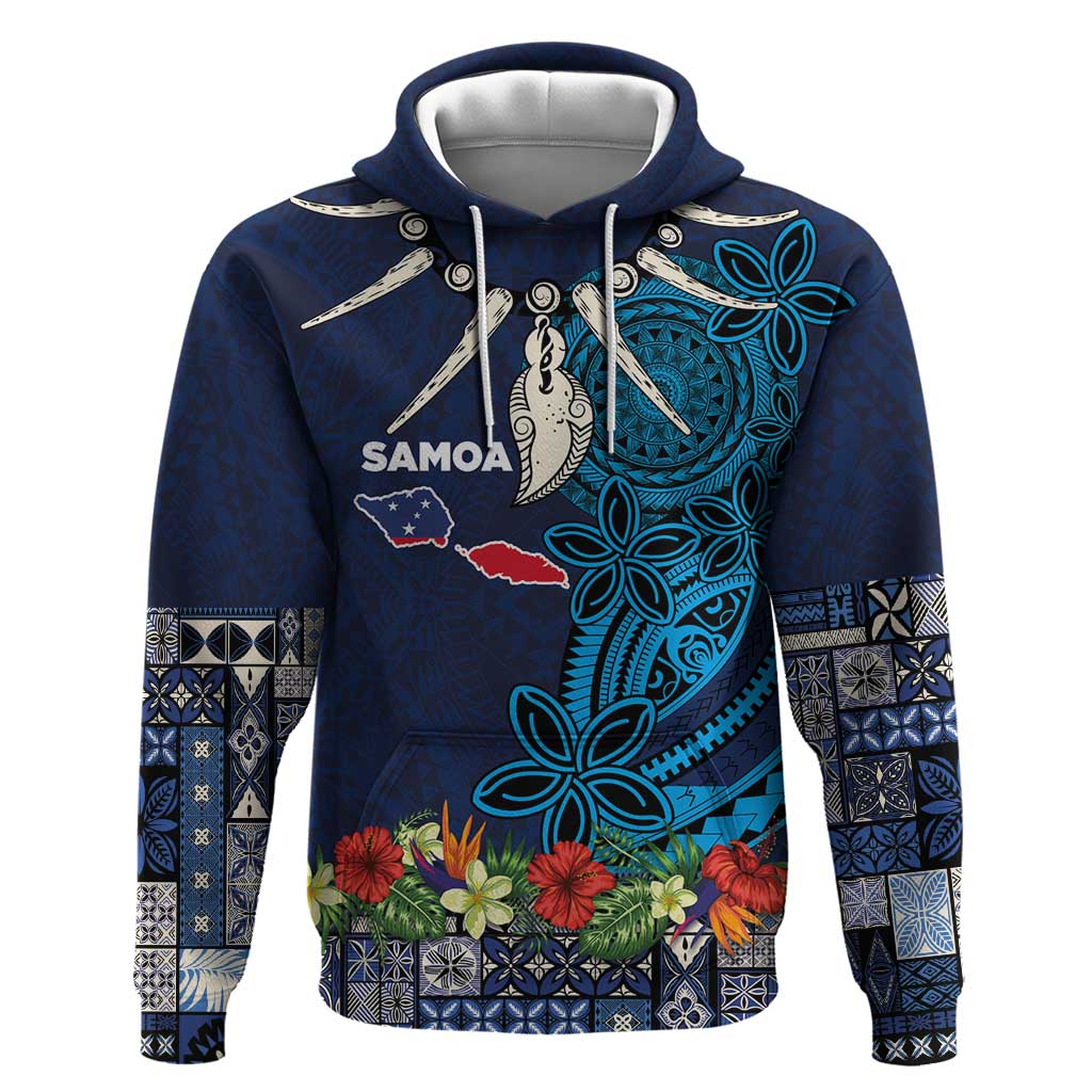 Samoa Siapo Polynesian Art Zip Hoodie Tropical Flowers and Tatau Pattern Navy