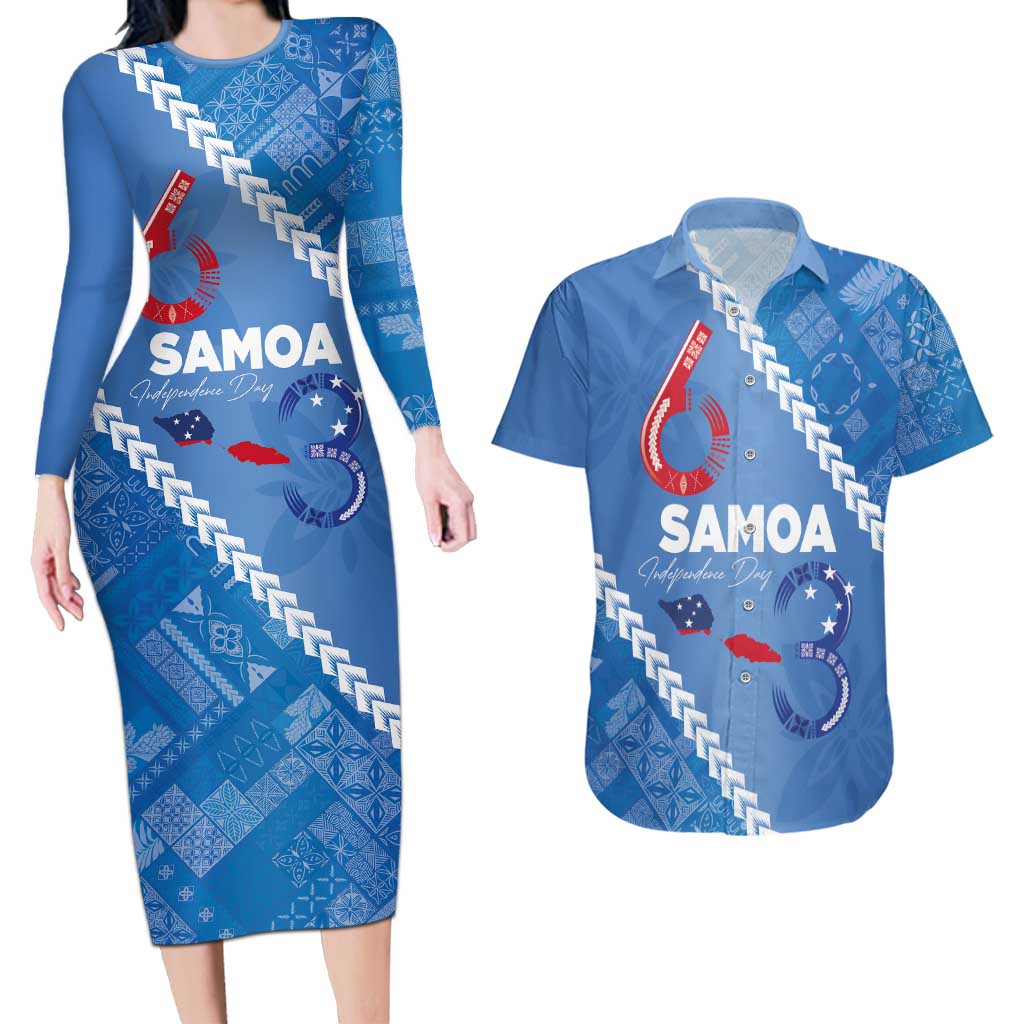 Samoa Independence Day Couples Matching Long Sleeve Bodycon Dress and Hawaiian Shirt Anniversary 63th-Siapo Art