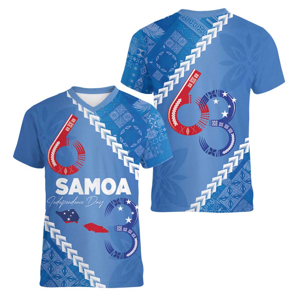 Samoa Independence Day Women V-Neck T-Shirt Anniversary 63th-Siapo Art