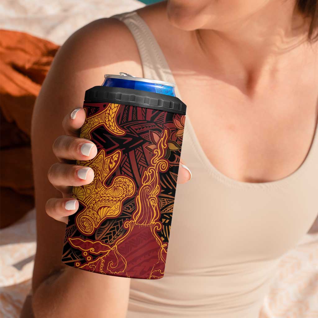 Hawaiian Volcano and Shark 4 in 1 Can Cooler Tumbler Polynesian and Hibiscus Pattern Lava Color
