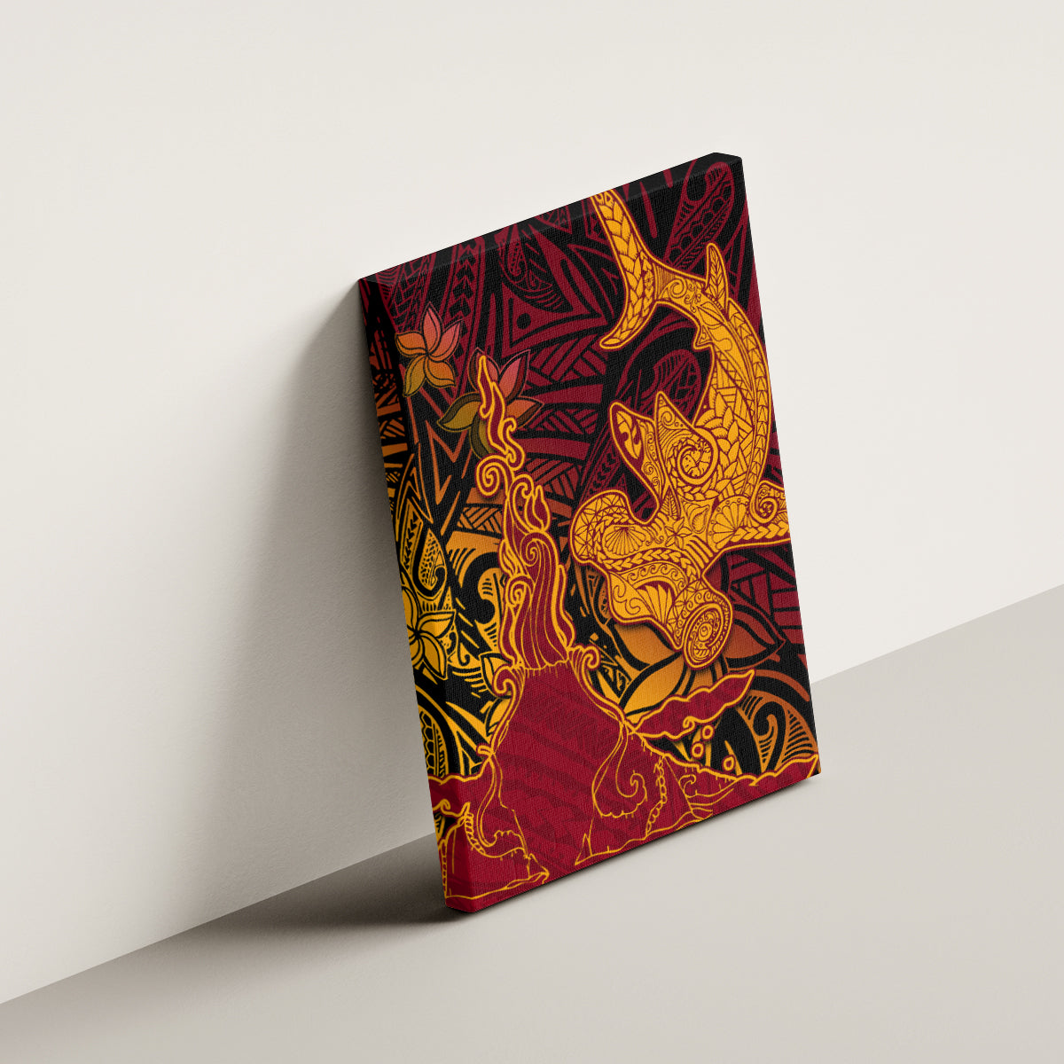 Hawaiian Volcano and Shark Canvas Wall Art Polynesian and Hibiscus Pattern Lava Color