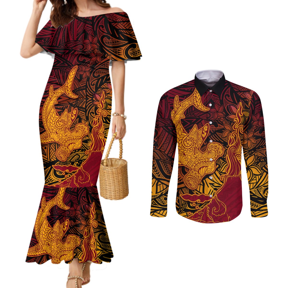Hawaiian Volcano and Shark Couples Matching Mermaid Dress and Long Sleeve Button Shirt Polynesian and Hibiscus Pattern Lava Color