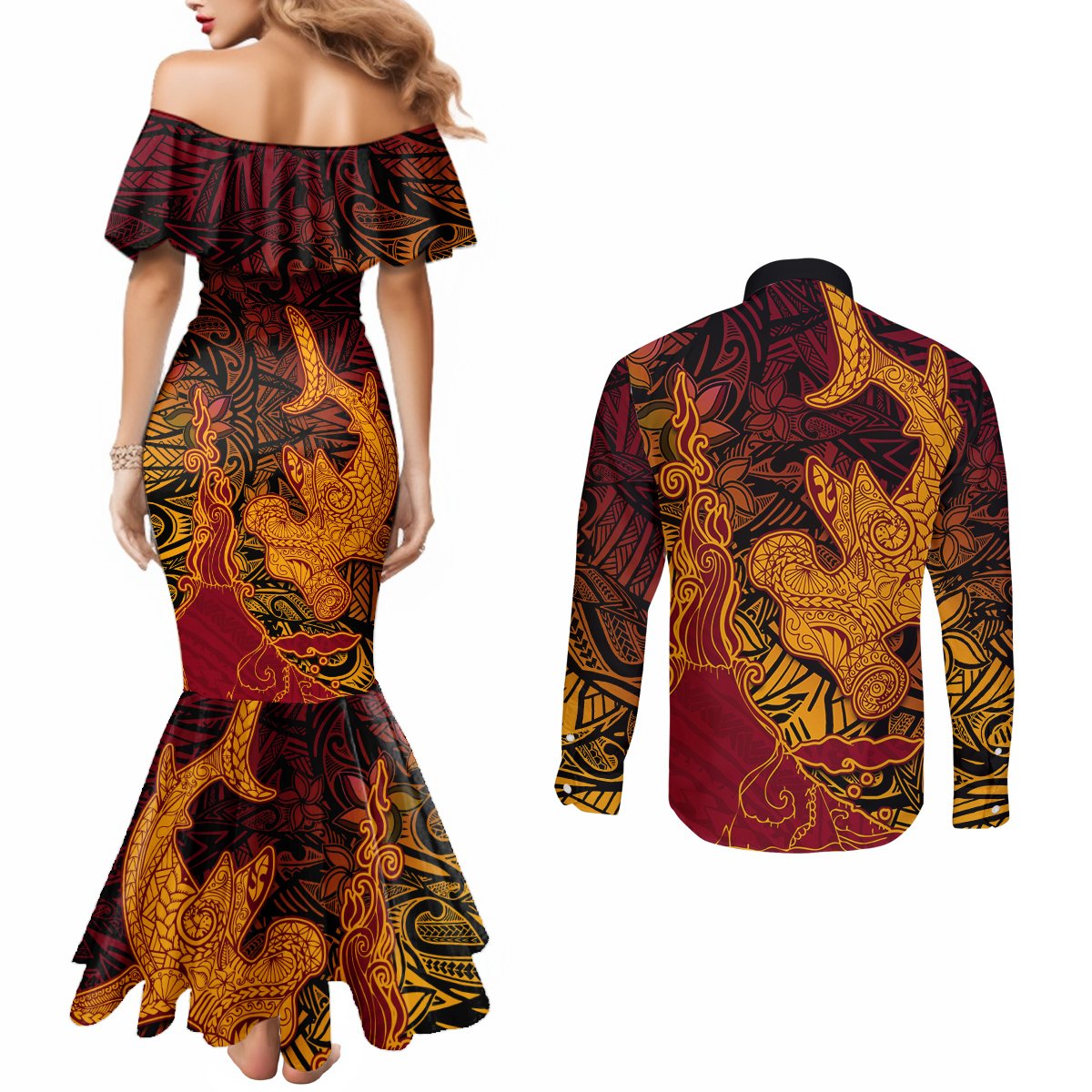 Hawaiian Volcano and Shark Couples Matching Mermaid Dress and Long Sleeve Button Shirt Polynesian and Hibiscus Pattern Lava Color
