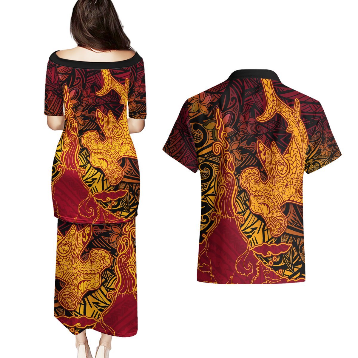 Hawaiian Volcano and Shark Couples Matching Puletasi and Hawaiian Shirt Polynesian and Hibiscus Pattern Lava Color