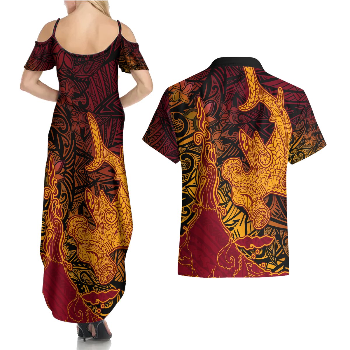 Hawaiian Volcano and Shark Couples Matching Summer Maxi Dress and Hawaiian Shirt Polynesian and Hibiscus Pattern Lava Color