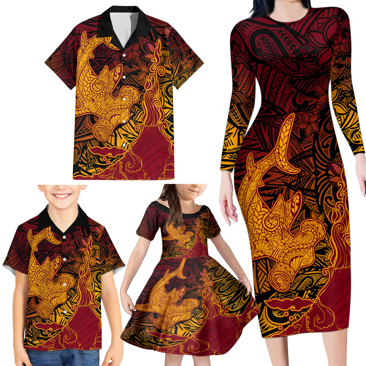 Hawaiian Volcano and Shark Family Matching Long Sleeve Bodycon Dress and Hawaiian Shirt Polynesian and Hibiscus Pattern Lava Color LT03 - Polynesian Pride