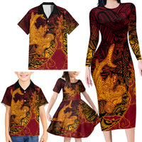 Hawaiian Volcano and Shark Family Matching Long Sleeve Bodycon Dress and Hawaiian Shirt Polynesian and Hibiscus Pattern Lava Color LT03 - Polynesian Pride