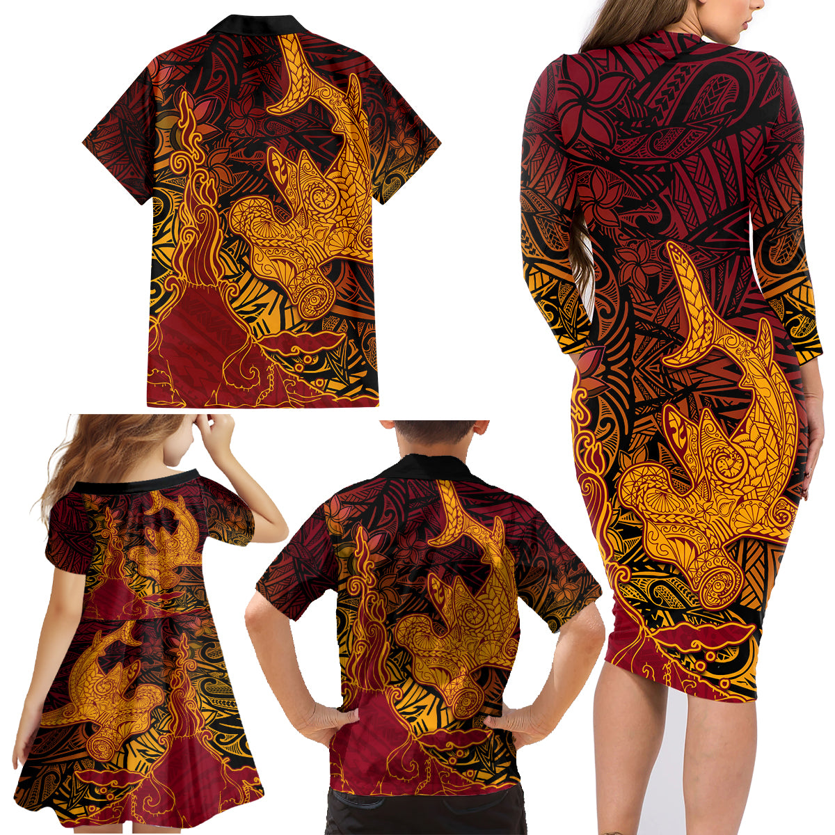 Hawaiian Volcano and Shark Family Matching Long Sleeve Bodycon Dress and Hawaiian Shirt Polynesian and Hibiscus Pattern Lava Color LT03 - Polynesian Pride