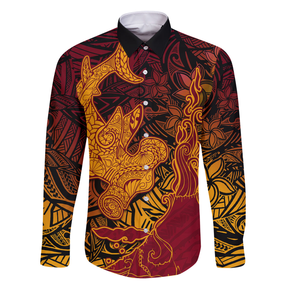 Hawaiian Volcano and Shark Family Matching Long Sleeve Bodycon Dress and Hawaiian Shirt Polynesian and Hibiscus Pattern Lava Color LT03 Dad's Shirt - Long Sleeve Red - Polynesian Pride