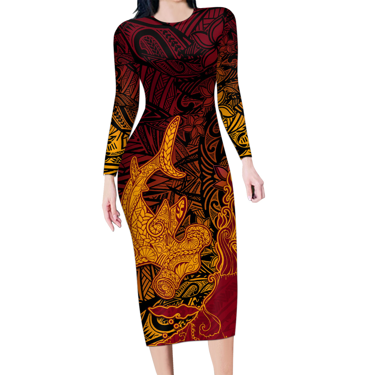 Hawaiian Volcano and Shark Family Matching Long Sleeve Bodycon Dress and Hawaiian Shirt Polynesian and Hibiscus Pattern Lava Color LT03 Mom's Dress Red - Polynesian Pride