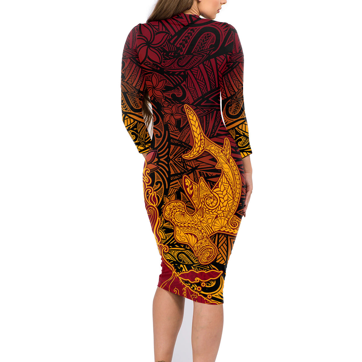 Hawaiian Volcano and Shark Family Matching Long Sleeve Bodycon Dress and Hawaiian Shirt Polynesian and Hibiscus Pattern Lava Color LT03 - Polynesian Pride