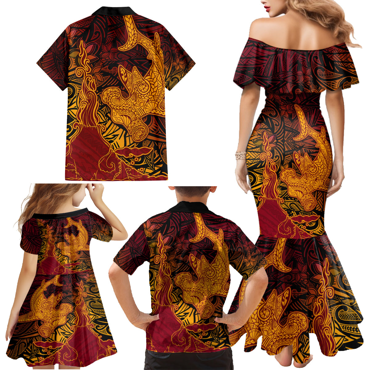 Hawaiian Volcano and Shark Family Matching Mermaid Dress and Hawaiian Shirt Polynesian and Hibiscus Pattern Lava Color LT03 - Polynesian Pride