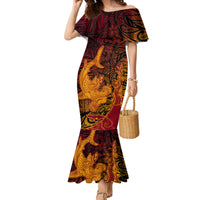 Hawaiian Volcano and Shark Family Matching Mermaid Dress and Hawaiian Shirt Polynesian and Hibiscus Pattern Lava Color LT03 Mom's Dress Red - Polynesian Pride