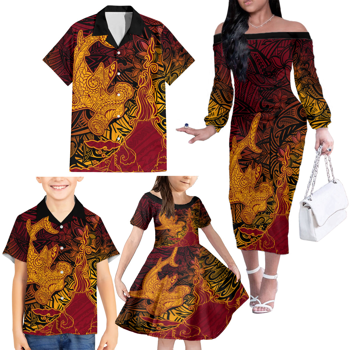 Hawaiian Volcano and Shark Family Matching Off The Shoulder Long Sleeve Dress and Hawaiian Shirt Polynesian and Hibiscus Pattern Lava Color LT03 - Polynesian Pride