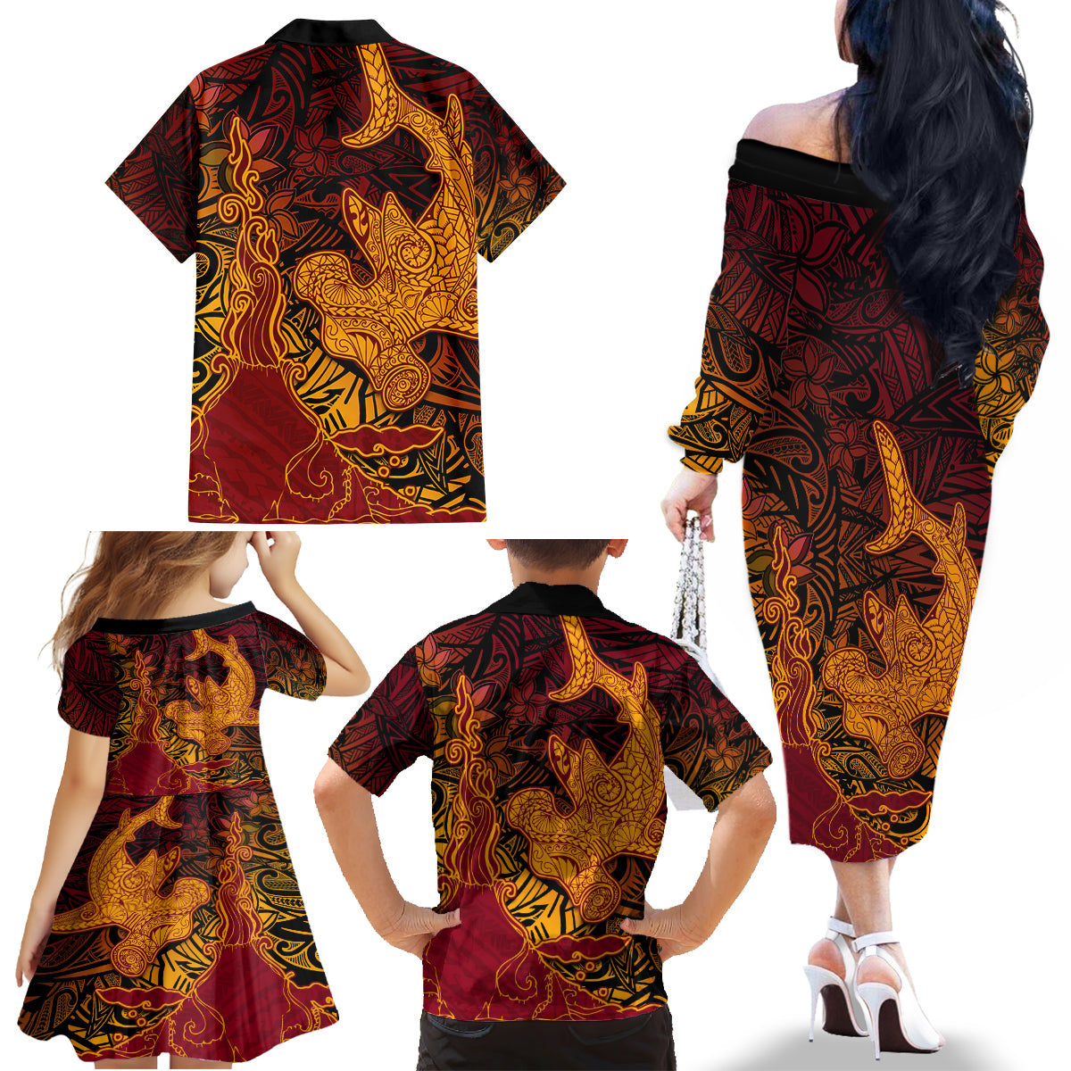 Hawaiian Volcano and Shark Family Matching Off The Shoulder Long Sleeve Dress and Hawaiian Shirt Polynesian and Hibiscus Pattern Lava Color LT03 - Polynesian Pride