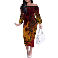 Hawaiian Volcano and Shark Family Matching Off The Shoulder Long Sleeve Dress and Hawaiian Shirt Polynesian and Hibiscus Pattern Lava Color LT03 Mom's Dress Red - Polynesian Pride