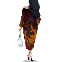 Hawaiian Volcano and Shark Family Matching Off The Shoulder Long Sleeve Dress and Hawaiian Shirt Polynesian and Hibiscus Pattern Lava Color LT03 - Polynesian Pride