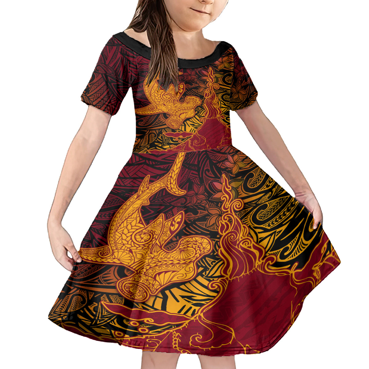 Hawaiian Volcano and Shark Family Matching Off Shoulder Maxi Dress and Hawaiian Shirt Polynesian and Hibiscus Pattern Lava Color LT03 Daughter's Dress Red - Polynesian Pride