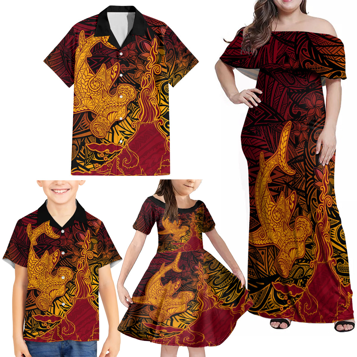 Hawaiian Volcano and Shark Family Matching Off Shoulder Maxi Dress and Hawaiian Shirt Polynesian and Hibiscus Pattern Lava Color LT03 - Polynesian Pride