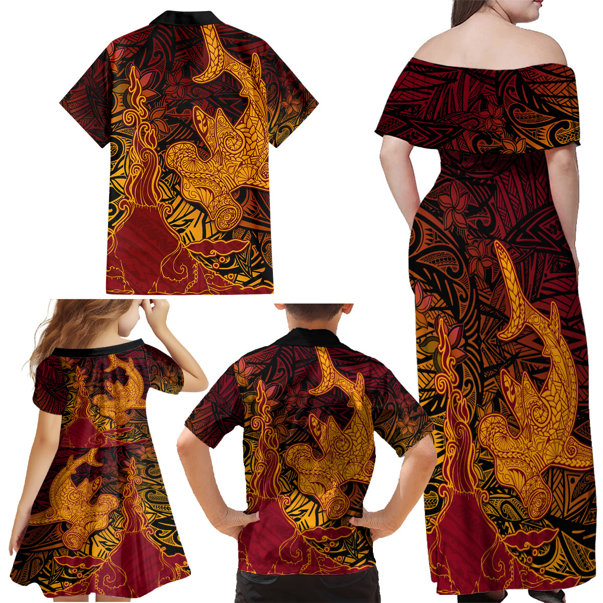 Hawaiian Volcano and Shark Family Matching Off Shoulder Maxi Dress and Hawaiian Shirt Polynesian and Hibiscus Pattern Lava Color LT03 - Polynesian Pride