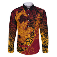 Hawaiian Volcano and Shark Family Matching Off Shoulder Maxi Dress and Hawaiian Shirt Polynesian and Hibiscus Pattern Lava Color LT03 Dad's Shirt - Long Sleeve Red - Polynesian Pride